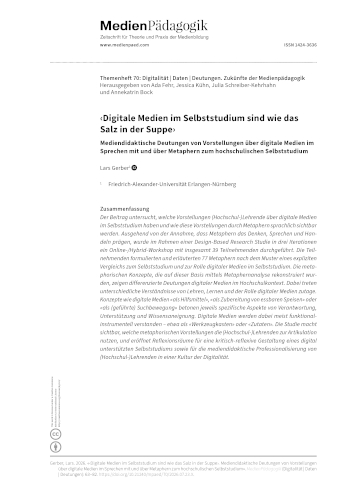 Cover:: Lars Gerber: ‹Digitale Medien im Selbststudium sind wie das Salz in der Suppe›: Mediendidaktische Deutungen von Vorstellungen über digitale Medien im Sprechen mit und über Metaphern zum hochschulischen Selbststudium