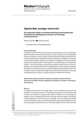 Cover:: Monika Unterreiner, Anne Schmid: Digitale Welt, analoger Unterricht? Eine explorative Studie zur Selbsteinschätzung Lehramtsstudierender hinsichtlich ihrer Befähigung zum Einsatz von Technologie  im Musikunterricht
