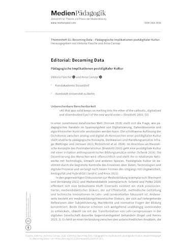 Cover:: Viktoria Flasche, Anna Carnap: Editorial: Becoming Data: Pädagogische Implikationen postdigitaler Kultur