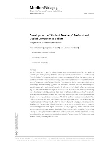 Cover:: Jennifer Rahden, Raphaela Porsch, Christian Reintjes: Entwicklung berufsbezogener digitaler Kompetenzüberzeugungen von Lehramtsstudierenden: Einblicke aus dem Schulpraxissemester
