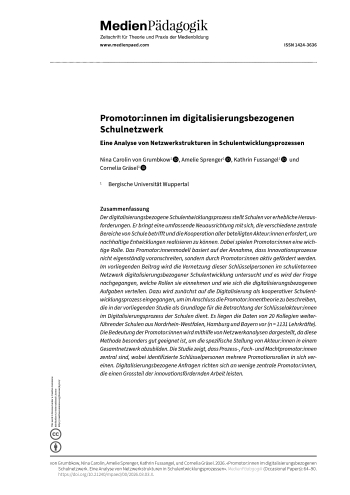 Cover:: Nina Carolin von Grumbkow, Amelie Sprenger, Kathrin Fussangel, Cornelia Gräsel: Promotor:innen im digitalisierungsbezogenen Schulnetzwerk: Eine Analyse von Netzwerkstrukturen in Schulentwicklungsprozessen