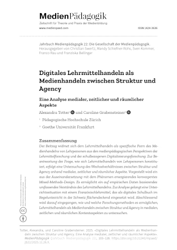 Cover:: Alexandra Totter, Caroline Grabensteiner: Digitales Lehrmittelhandeln als Medienhandeln zwischen Struktur und Agency: Eine Analyse medialer, zeitlicher und räumlicher Aspekte