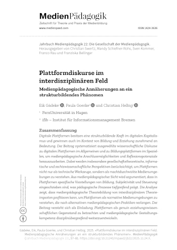 Cover:: Eik Gädeke, Paula Goerke, Christian Helbig: Plattformdiskurse im interdisziplinären Feld: Medienpädagogische Annäherungen an ein strukturbildendes Phänomen