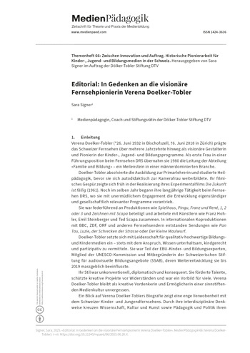 Cover:: Sara Signer: Editorial: In Gedenken an die visionäre Fernsehpionierin Verena Doelker-Tobler
