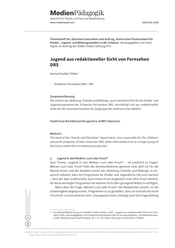 Cover:: Verena Doelker-Tobler: Jugend aus redaktioneller Sicht von Fernsehen DRS