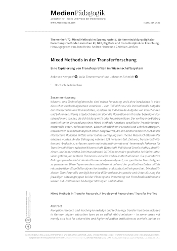 Cover:: Anke van Kempen, Julia Zimmermann, Johannes Schmidt: Mixed Methods in der Transferforschung: Eine Typisierung von Transferprofilen im Wissenschaftssystem