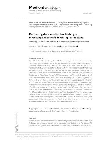 Cover:: Alexander Christ, Christoph Schindler, Jens Röschlein: Kartierung der europäischen Bildungsforschungslandschaft durch Topic Modelling: Labelling, Iteration und Analyse medienpädagogischer Begriffscluster