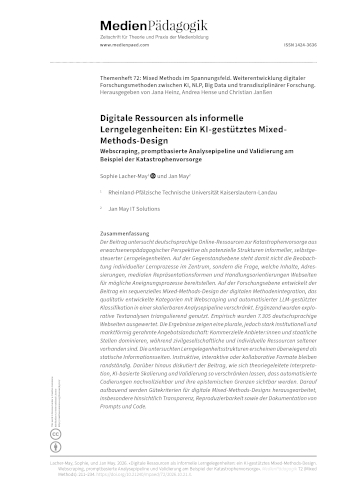 Cover:: Sophie Lacher-May, Jan May: Digitale Ressourcen als informelle Lerngelegenheiten: Ein KI-gestütztes Mixed-Methods-Design: Webscraping, promptbasierte Analysepipeline und Validierung am Beispiel der Katastrophenvorsorge