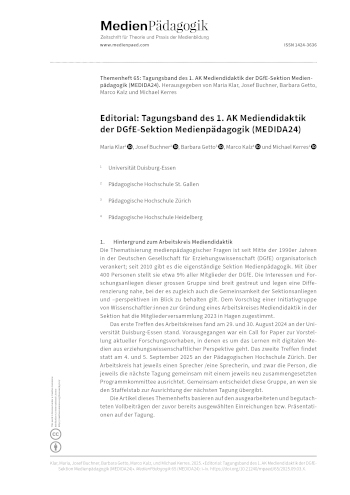 Cover:: Maria Klar, Josef Buchner, Barbara Getto, Marco Kalz, Michael Kerres: Editorial: Tagungsband des 1. AK Mediendidaktik der DGfE-Sektion Medienpädagogik (MEDIDA24)