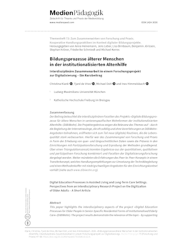 Cover:: Christina Klank, Tjard de Vries, Michael Doh, Ines Himmelsbach: Bildungsprozesse älterer Menschen in der institutionalisierten Altenhilfe: Interdisziplinäre Zusammenarbeit in einem Forschungsprojekt  zur Digitalisierung – Ein Kurzbeitrag