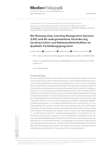 Cover:: Isabell Hußner, Elisabeth Freer, Isabell Runge, Hans Anand Pant: Die Nutzung eines Learning Management Systems (LMS) und die wahrgenommene Veränderung im Unterrichten von Mathematiklehrkräften im QuaMath-Fortbildungsprogramm