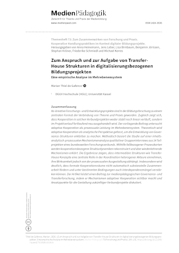 Cover:: Marian Thiel de Gafenco: Zum Anspruch und zur Aufgabe von Transfer-House Strukturen in digitalisierungsbezogenen Bildungsprojekten: Eine empirische Analyse im Mehrebenensystem