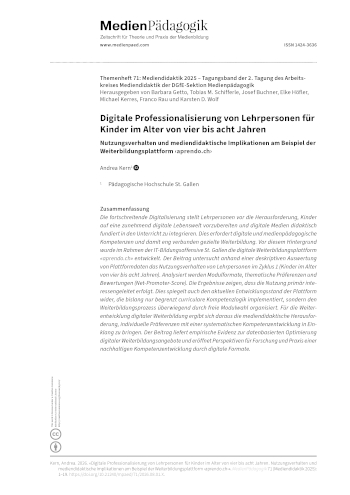 Cover:: Andrea Kern: Digitale Professionalisierung von Lehrpersonen für Kinder im Alter von vier bis acht Jahren: Nutzungsverhalten und mediendidaktische Implikationen am Beispiel der Weiterbildungsplattform ‹aprendo.ch›