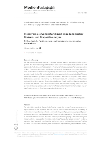 Cover:: Tilman-Mathies Klar: Instagram als Gegenstand medienpädagogischer Diskurs- und Dispositivanalyse: Methodologische Fundierung und empirische Annäherung an soziale Medienräume