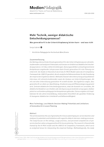 Cover:: Sonja Gabriel: Mehr Technik, weniger didaktische Entscheidungsprozesse? Was generative KI in der Unterrichtsplanung leisten kann – und was nicht