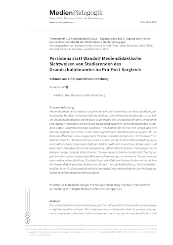 Cover:: Saskia Jessica Kunz: Persistenz statt Wandel? Mediendidaktische Sichtweisen von Studierenden des Grundschullehramtes im Prä-Post-Vergleich: Befunde aus einer qualitativen Erhebung