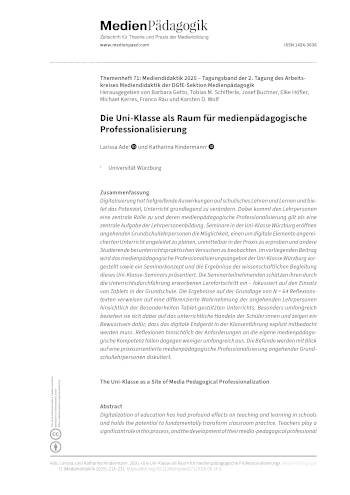 Cover:: Larissa Ade, Katharina Kindermann: Die Uni-Klasse als Raum für medienpädagogische Professionalisierung