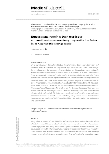 Cover:: Imke Anna Maria Meyer: Nutzungsanalyse eines Dashboards zur automatisierten Auswertung diagnostischer Daten in der Alphabetisierungspraxis