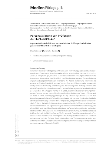 Cover:: Lhea Reinhold, Katja Buntins: Personalisierung von Prüfungen durch ChatGPT-4o? Argumentative Validität von personalisierten Prüfungen im Zeitalter generativer Künstlicher Intelligenz