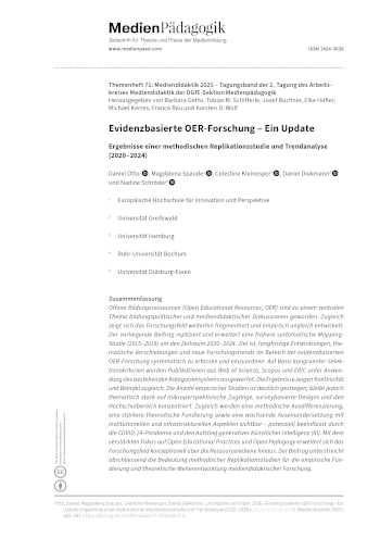 Cover:: Daniel Otto, Magdalena Spaude, Celestine Kleinesper, Daniel Diekmann, Nadine Schröder: Evidenzbasierte OER-Forschung – Ein Update: Ergebnisse einer methodischen Replikationsstudie und Trendanalyse (2020 – 2024)