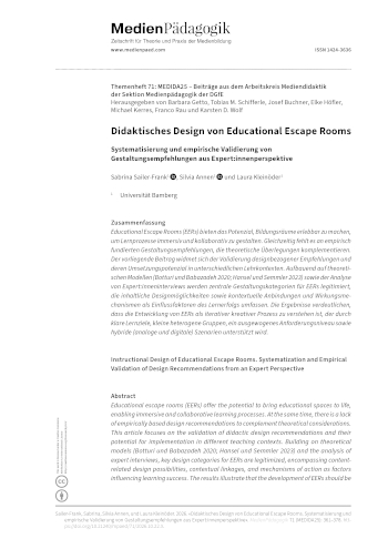 Cover:: Sabrina Sailer-Frank, Silvia Annen, Laura Kleinöder: Didaktisches Design von Educational Escape Rooms: Systematisierung und empirische Validierung von Gestaltungsempfehlungen aus Expert:innenperspektive