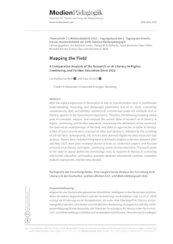 Cover:: Lea Katharina Reis, Paul Schütz: Kartografie des Forschungsfeldes: Eine vergleichende Analyse der Forschung zu AI Literacy in der Hochschul- und beruflichen Fort- und Weiterbildung seit 2022