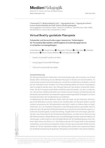 Cover:: Ulrike Mascher, David Fernes, Alexander Tillmann, Silke Haas, Christian Buschmann, Maria Theresa Meßner, Katja Adl-Amini: Virtual Reality-gestützte Planspiele: Potenziale und Herausforderungen immersiver Technologien für Perspektivübernahme und komplexe Entscheidungsprozesse in virtuellen Lernumgebungen