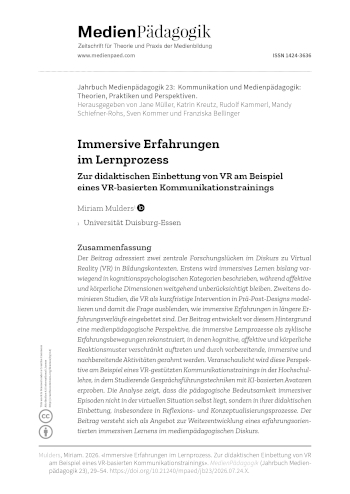 Cover:: Miriam Mulders: Immersive Erfahrungen im Lernprozess: Zur didaktischen Einbettung von VR am Beispiel eines VR-basierten Kommunikationstrainings