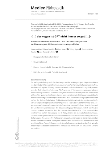 Cover:: Johanna Alves Villalva Zweifel, Ellen Saaro, Valery Wyss, Sabrina Heike Kessler, Alexandra Krebs: ‹[…] deswegen ist GPT nicht immer so gut […]›: Eine Mixed-Methods-Studie über Lern- und Reflexionsprozesse zur Förderung von KI-Kompetenzen von Jugendlichen