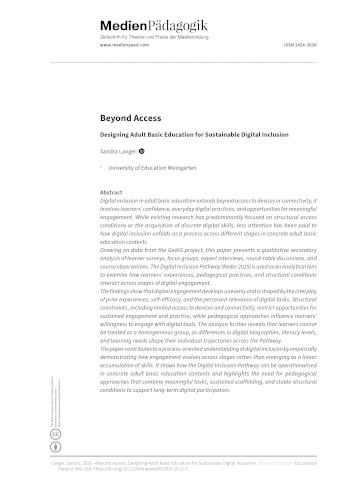 Cover:: Sandra Langer: Beyond Access: Medienpädagogische Gestaltung in der Grundbildung  für nachhaltige digitale Teilhabe