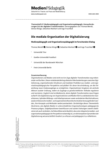 Cover:: Thomas Wendt, Denise Klinge, Sebastian Manhart, Inga Truschkat: The Medial Organization of Digitalization: Media and Organizational Education in Research Dialogue