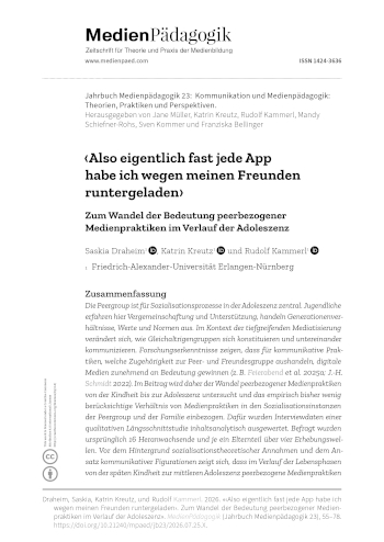 Cover:: Saskia Draheim, Katrin Kreutz, Rudolf Kammerl: ‹Also eigentlich fast jede App habe ich wegen meinen Freunden runtergeladen›: Zum Wandel der Bedeutung peerbezogener Medienpraktiken im Verlauf der Adoleszenz
