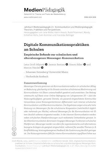 Cover:: Lena Groß-Mlynek, Jasmin Bastian, Simon Biller, Marion Händel: Digitale Kommunikationspraktiken an Schulen: Empirische Befunde zur schulischen und elternbezogenen Messenger-Kommunikation