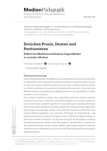 Cover:: Johannes Gemkow, Sonja Ganguin: Zwischen Praxis, Deuten und Positionieren: Politische Mediensozialisation Jugendlicher in sozialen Medien