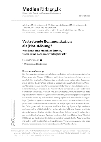 Cover:: Stefan Pietrusky: Vertretende Kommunikation als (Not-)Lösung? Was kann eine Maschine leisten,  wenn keine Lehrkraft verfügbar ist?