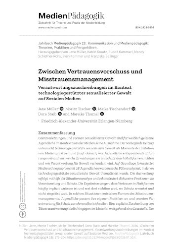 Cover:: Jane Müller, Moritz Tischer, Maike Tischendorf, Dora Staib, Mareike Thumel: Zwischen Vertrauensvorschuss und Misstrauensmanagement: Verantwortungszuschreibungen im Kontext technologiegestützter sexualisierter Gewalt auf Sozialen Medien
