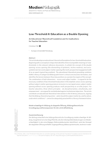 Cover:: Christian Filk: Niederschwellige KI-Bildung als doppelte Öffnung: Bildungstheoretische Grundlegung und Konsequenzen für die Lehrkräftebildung