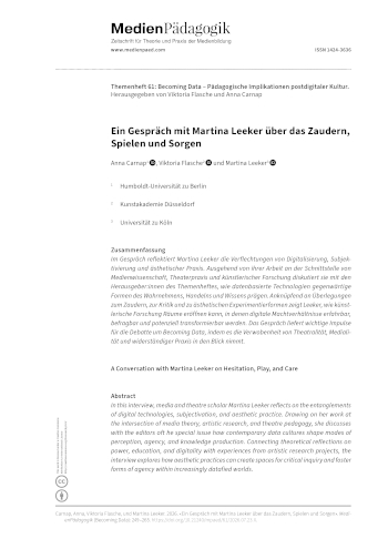 Cover:: Anna Carnap, Viktoria Flasche, Martina Leeker: Ein Gespräch mit Martina Leeker über das Zaudern, Spielen und Sorgen